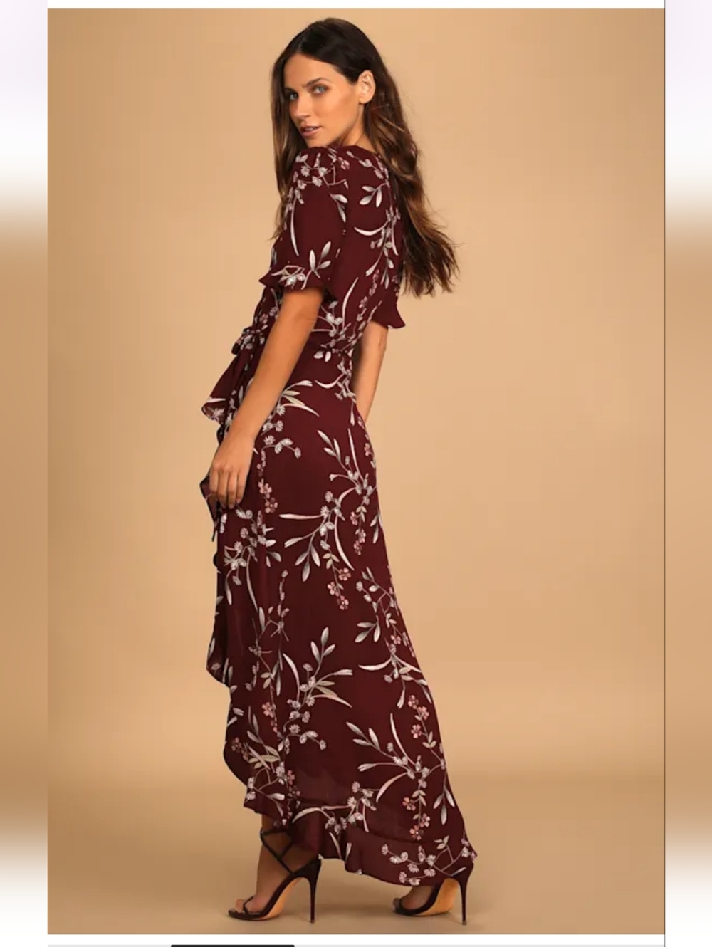 Lulu's Wild Winds Burgundy Floral Print High-Low Wrap  Dress - Picture 2 of 11